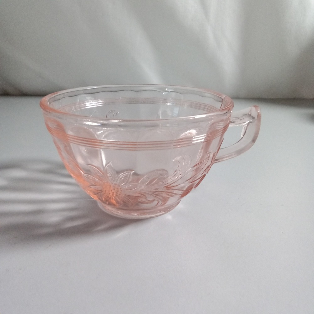 Jeannette Glass Pink Sunflower Depression Glass Teacup Vintage 1930s Floral